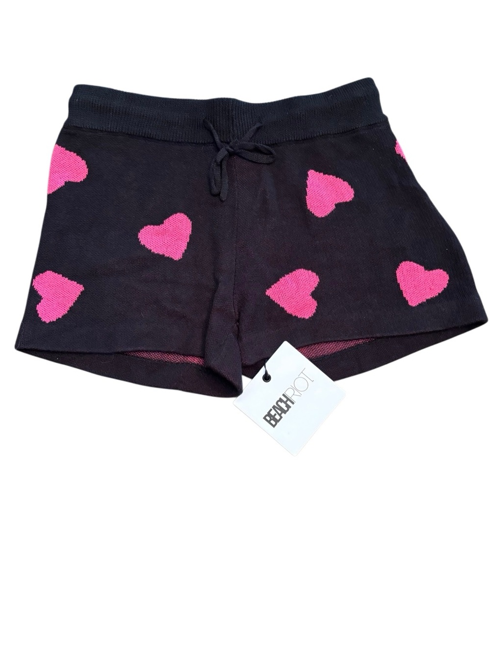Beach Riot NWT Girls Black Pink Heart Knit Shorts Size 11/12 Cozy Lounge